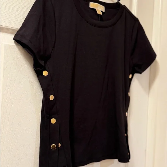 Michael Kors Black Short Sleeve Top with Gold Snap Detail - Picture 2 of 5